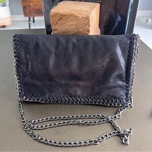Black Faux Leather Chain Shoulder Bag with Whipstitch Trim Medium Size